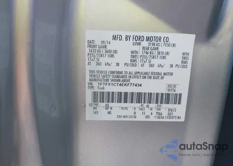 2014 Ford F-150 Xlt из США, поврежденный, VIN 1FTFX1CT4EKF77434